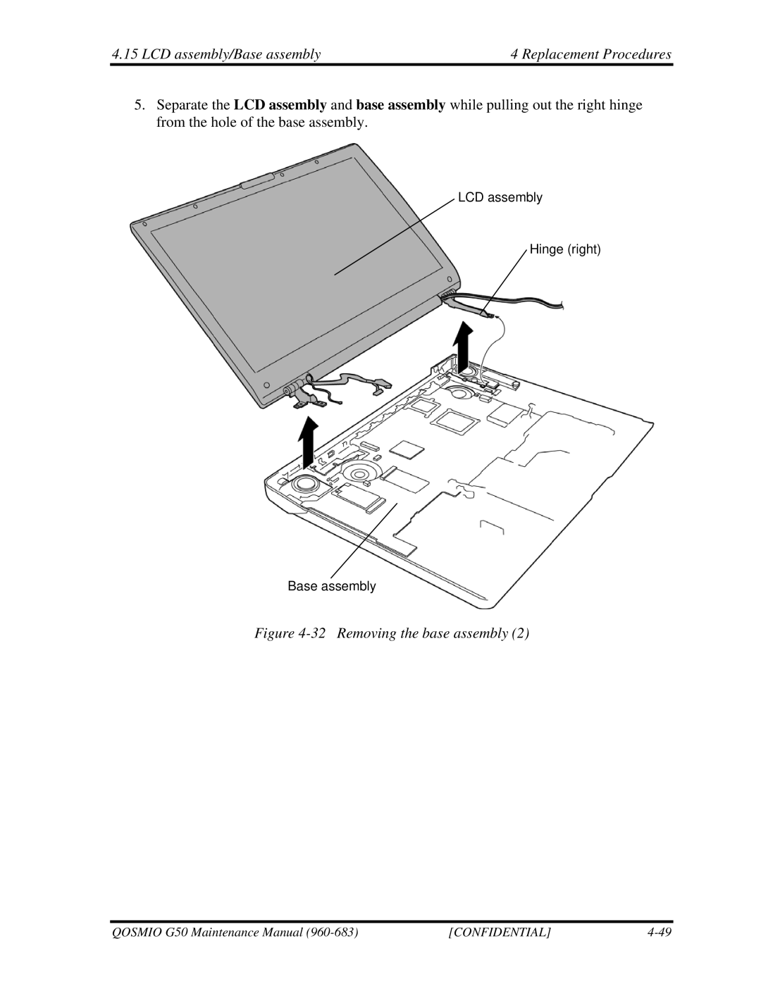 Toshiba G50 manual LCD assembly/Base assembly Replacement Procedures, Removing the base assembly 