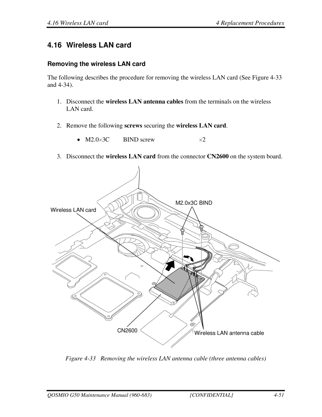 Toshiba G50 manual Wireless LAN card Replacement Procedures, Removing the wireless LAN card 