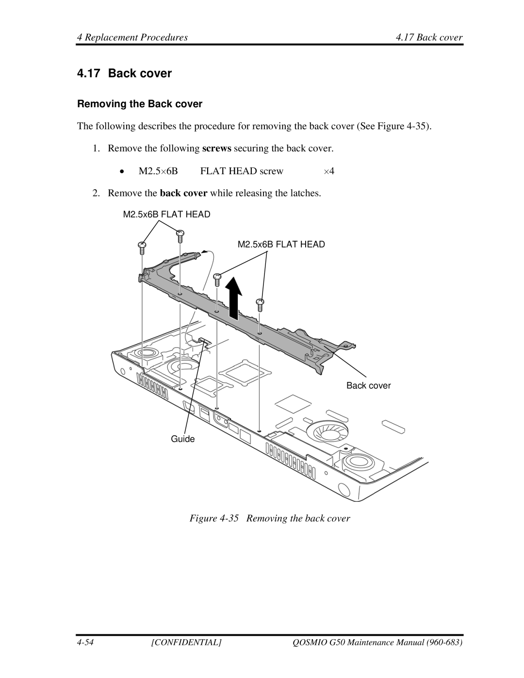 Toshiba G50 manual Replacement Procedures Back cover, Removing the Back cover 