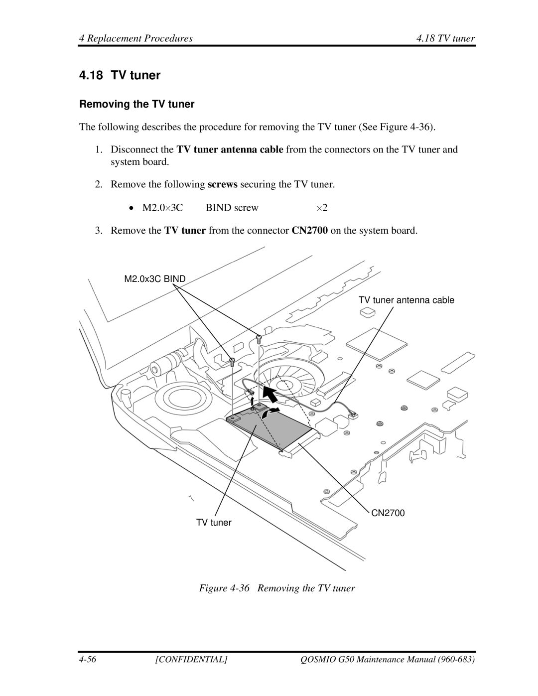 Toshiba G50 manual Replacement Procedures TV tuner, Removing the TV tuner 