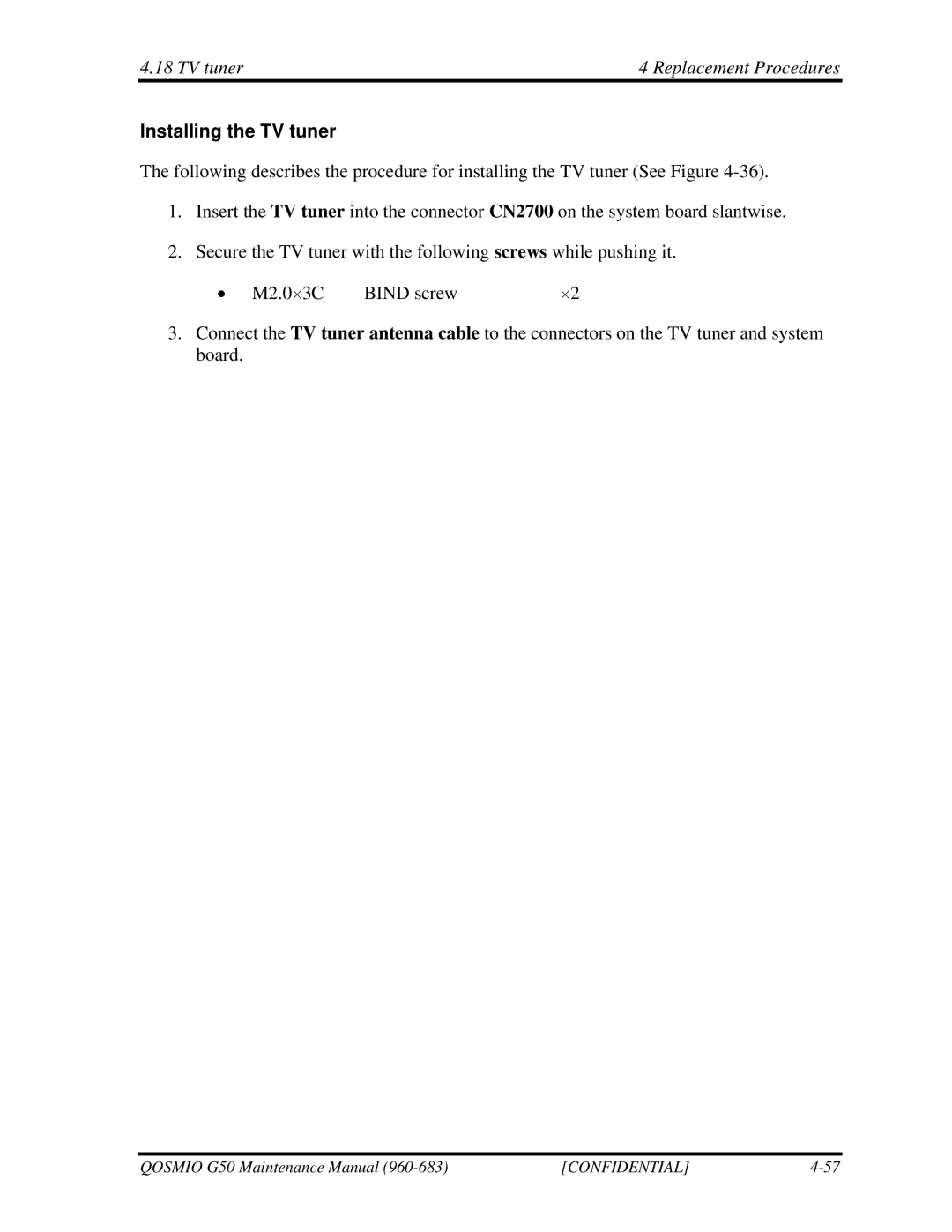 Toshiba G50 manual TV tuner Replacement Procedures, Installing the TV tuner 