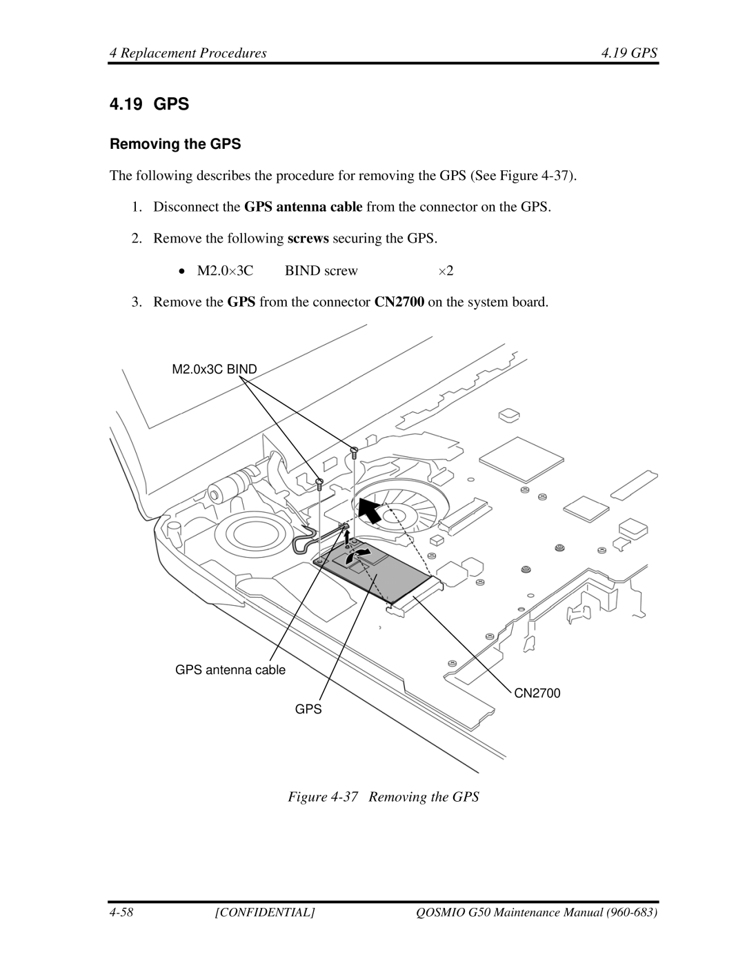 Toshiba G50 manual Replacement Procedures 19 GPS, Removing the GPS 