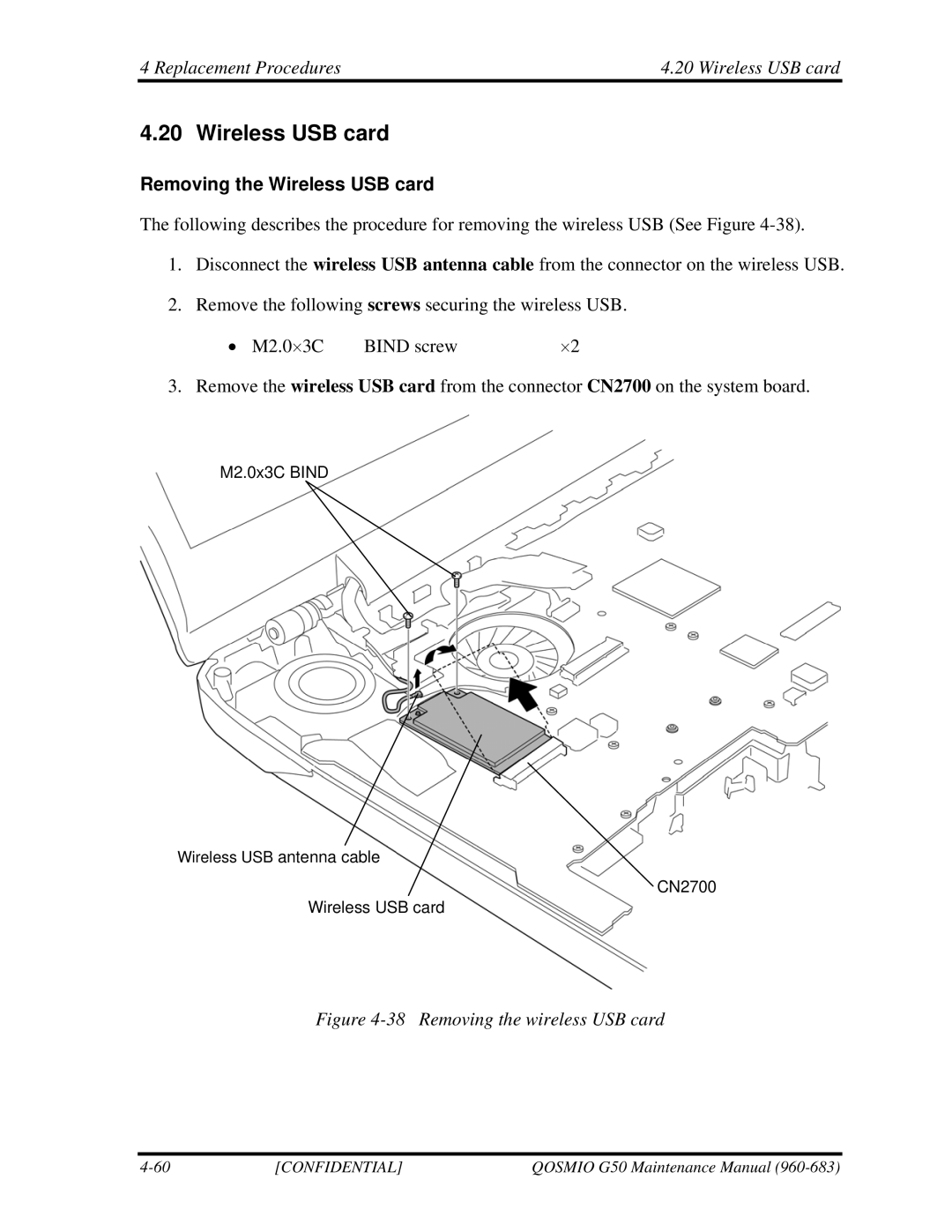 Toshiba G50 manual Replacement Procedures Wireless USB card, Removing the Wireless USB card 