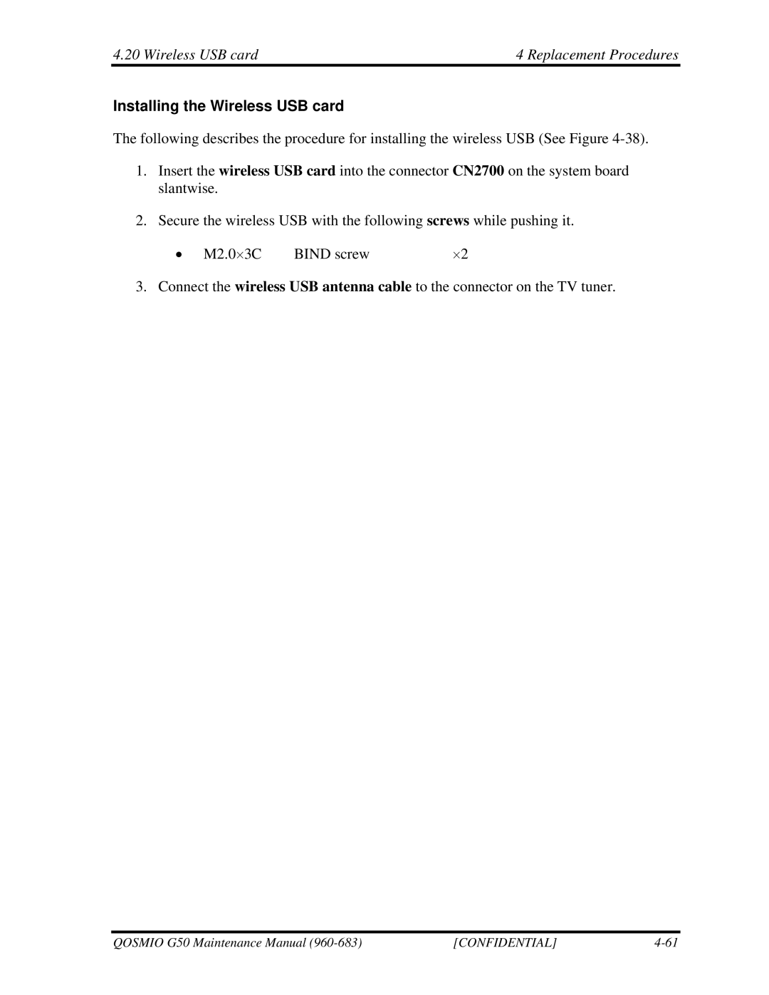 Toshiba G50 manual Wireless USB card Replacement Procedures, Installing the Wireless USB card 