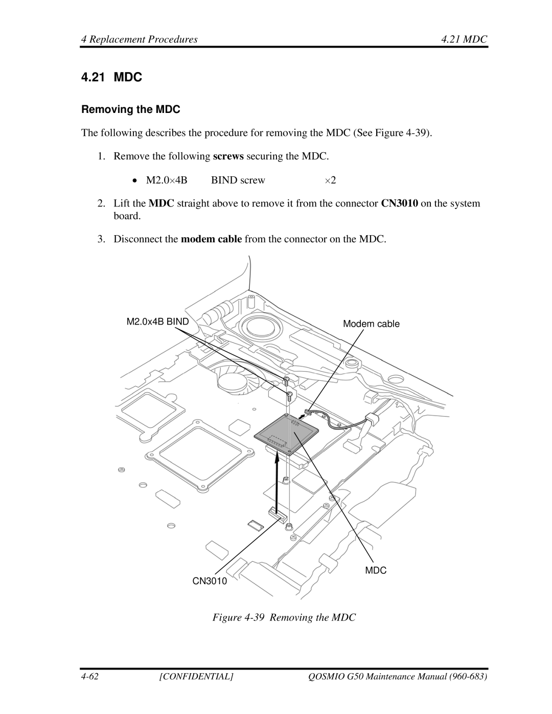 Toshiba G50 manual Replacement Procedures 21 MDC, Removing the MDC 