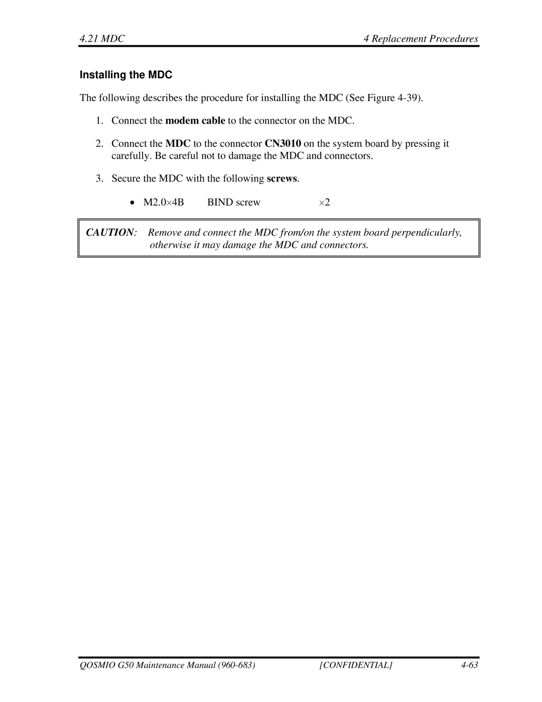 Toshiba G50 manual MDC Replacement Procedures, Installing the MDC 