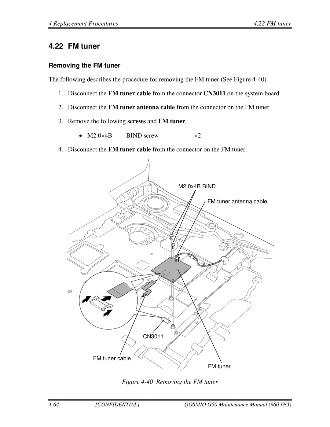 Toshiba G50 manual Replacement Procedures FM tuner, Removing the FM tuner 