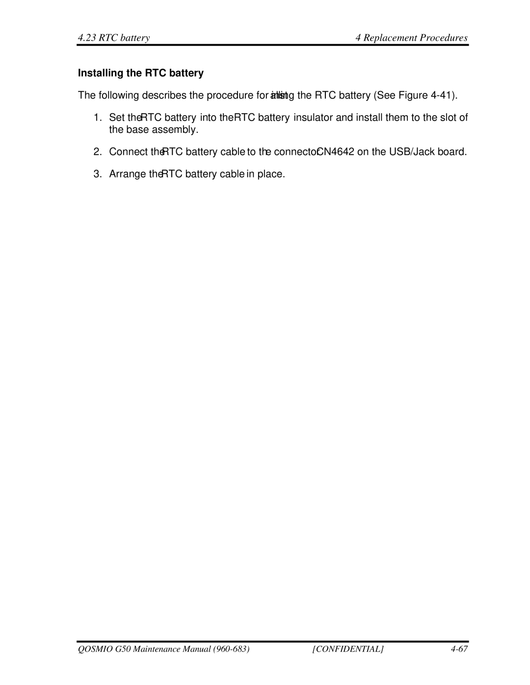 Toshiba G50 manual RTC battery Replacement Procedures, Installing the RTC battery 