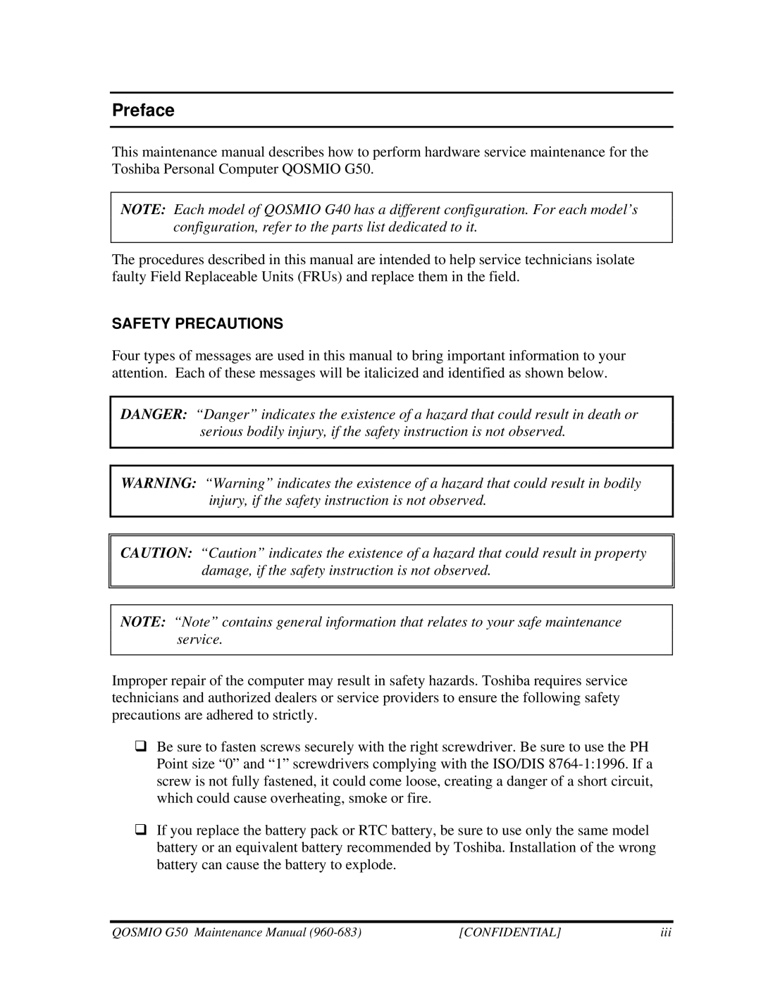 Toshiba G50 manual Preface, Safety Precautions 