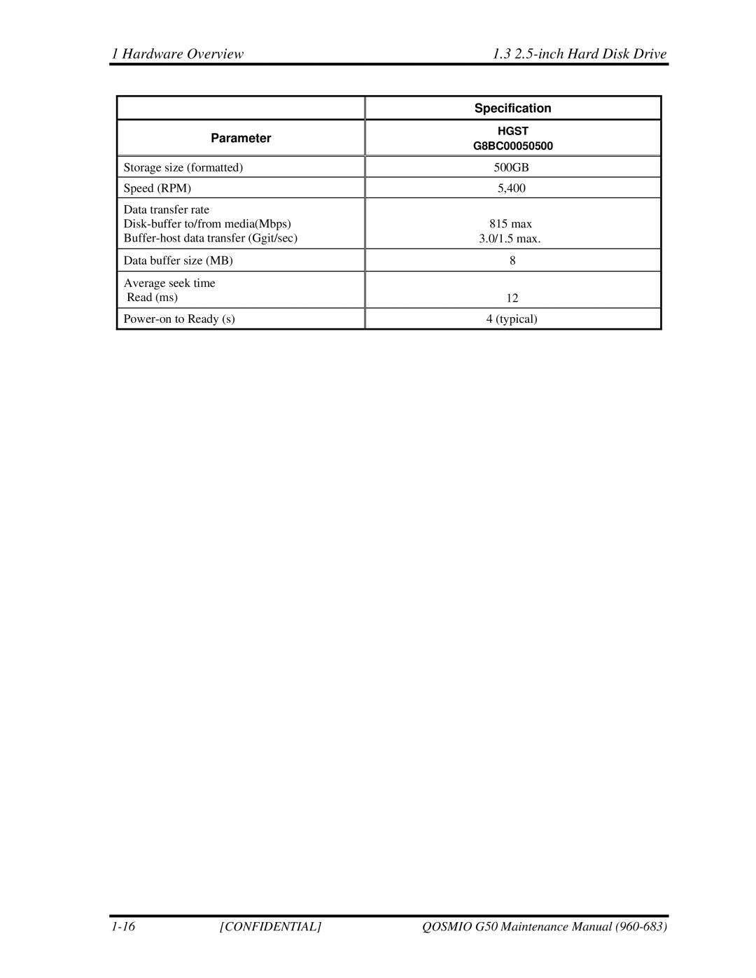 Toshiba G50 manual Specification Parameter 