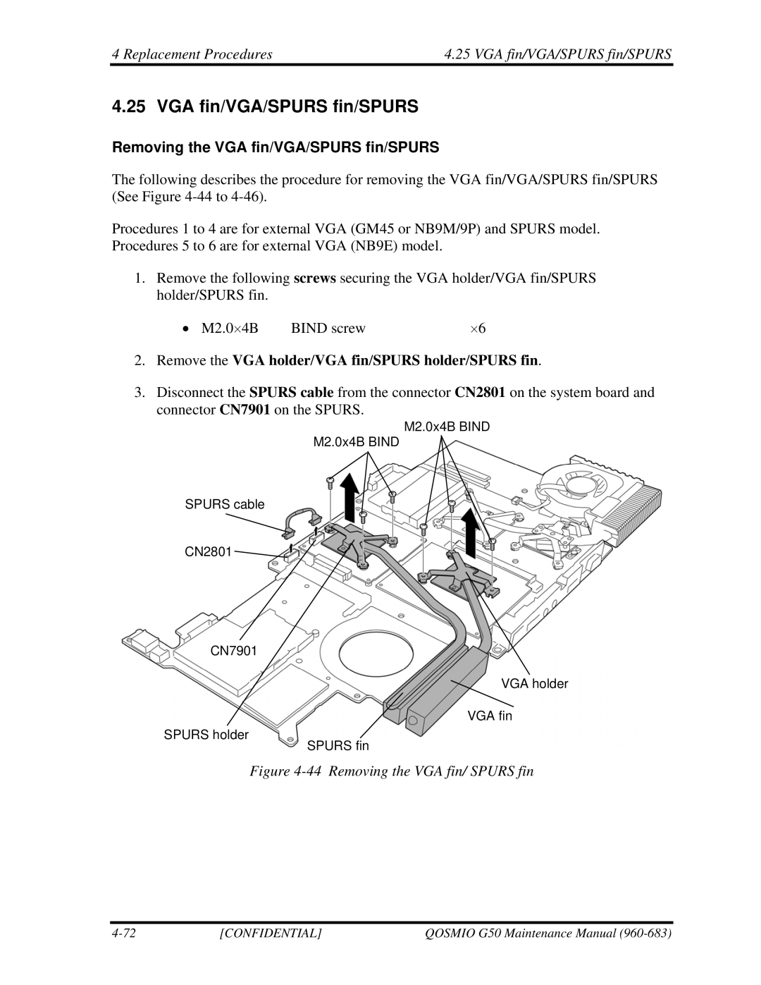 Toshiba G50 manual Replacement Procedures VGA fin/VGA/SPURS fin/SPURS, Removing the VGA fin/VGA/SPURS fin/SPURS 