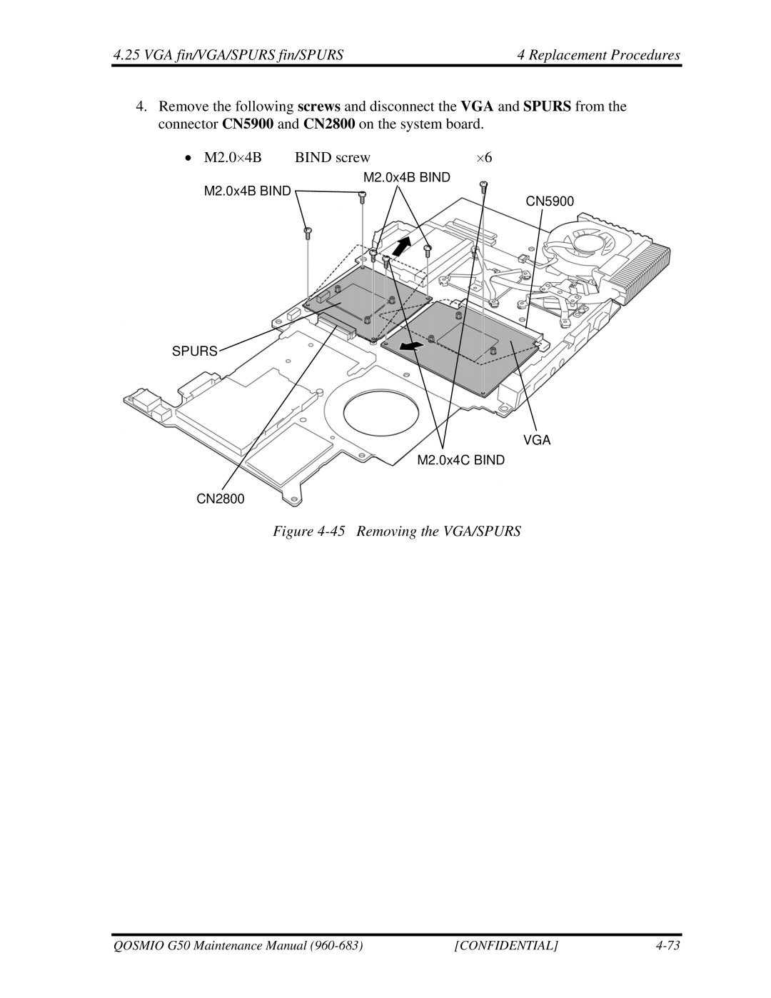 Toshiba G50 manual VGA fin/VGA/SPURS fin/SPURS Replacement Procedures, Removing the VGA/SPURS 