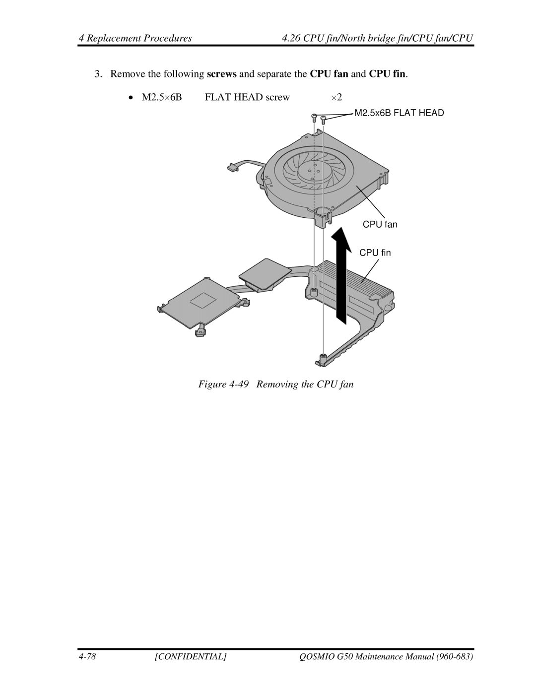 Toshiba G50 manual Removing the CPU fan 