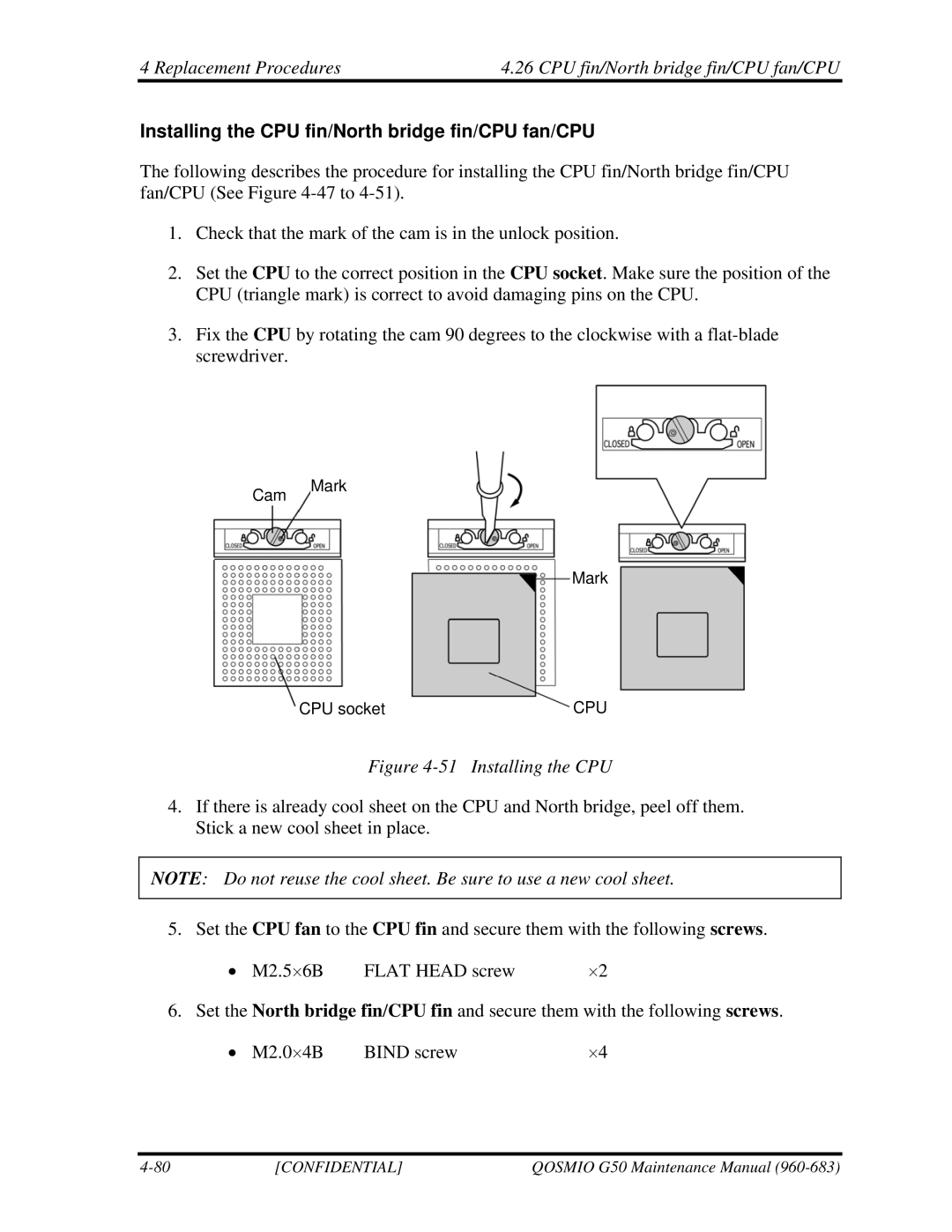 Toshiba G50 manual Installing the CPU fin/North bridge fin/CPU fan/CPU 