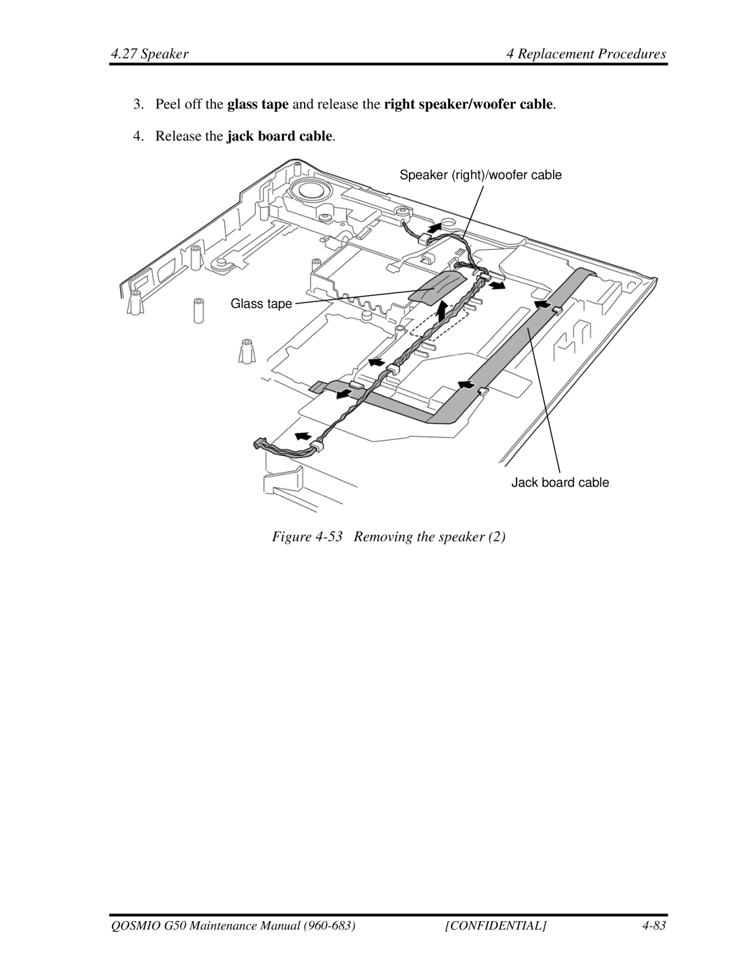 Toshiba G50 manual Speaker Replacement Procedures, Removing the speaker 