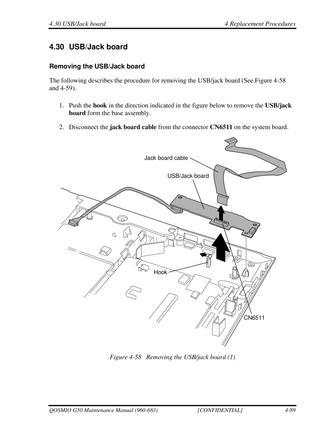 Toshiba G50 manual 30 USB/Jack board Replacement Procedures, Removing the USB/Jack board 