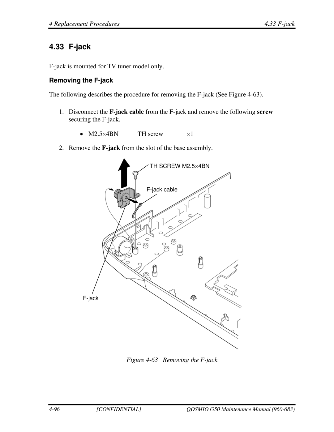 Toshiba G50 manual Replacement Procedures Jack, Removing the F-jack 