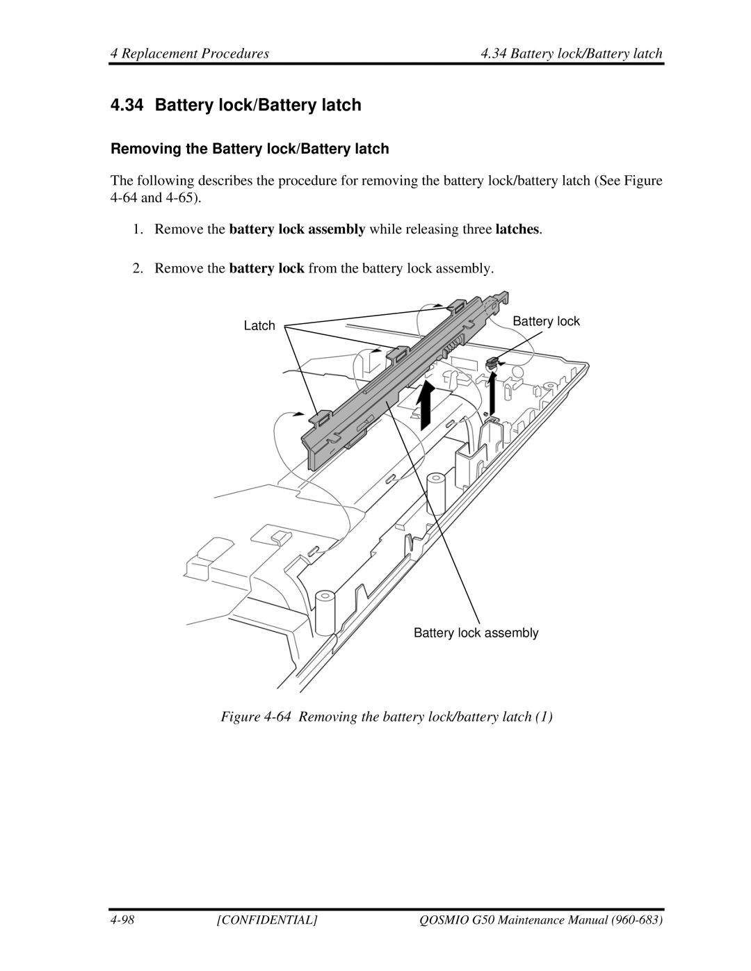 Toshiba G50 manual Replacement Procedures Battery lock/Battery latch, Removing the Battery lock/Battery latch 