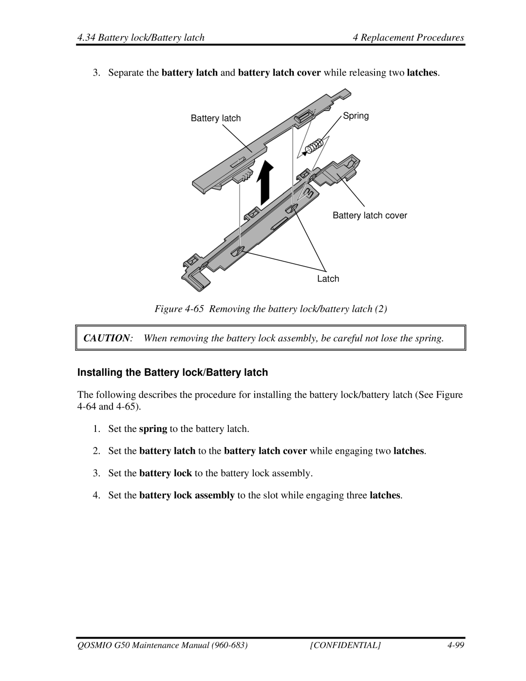 Toshiba G50 manual Battery lock/Battery latch Replacement Procedures, Installing the Battery lock/Battery latch 