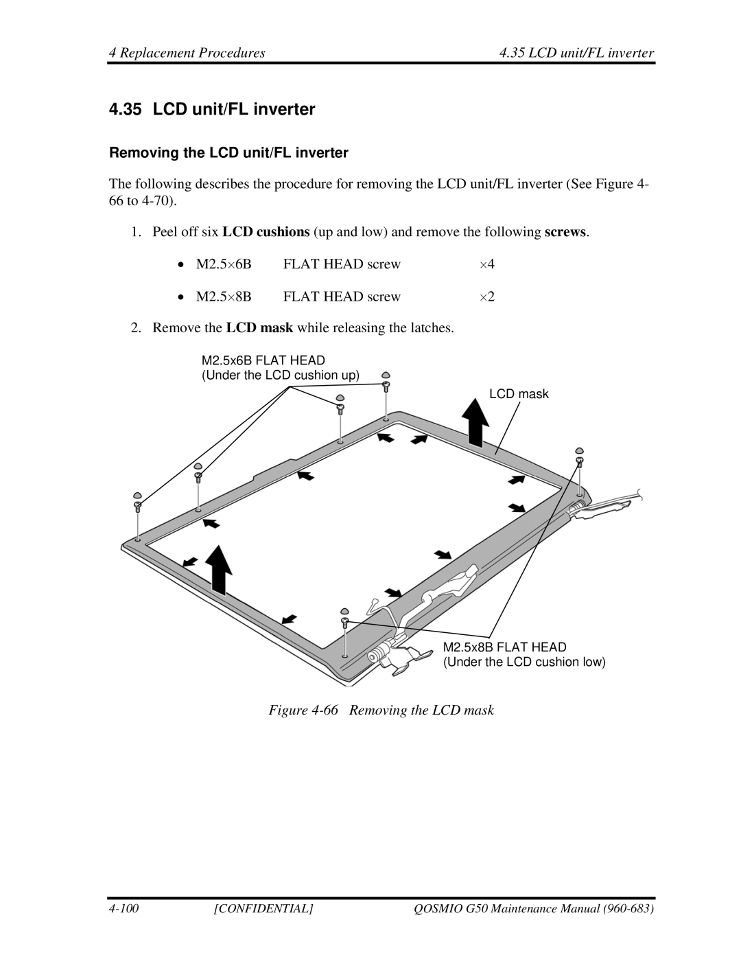 Toshiba G50 manual Replacement Procedures4.35 LCD unit/FL inverter, Removing the LCD unit/FL inverter 