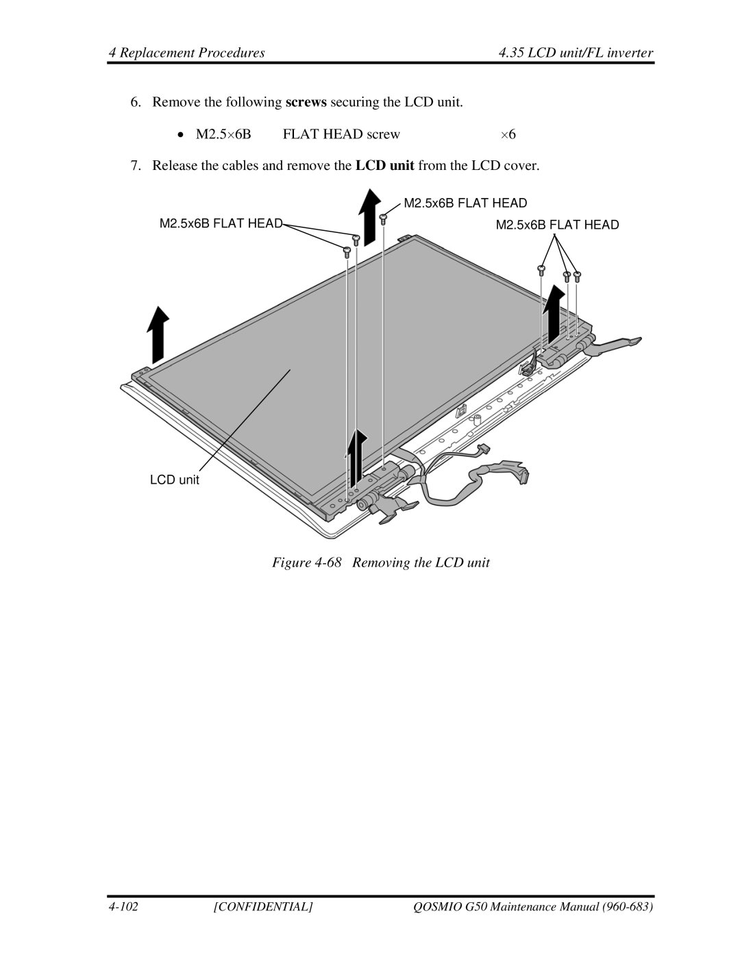 Toshiba G50 manual Removing the LCD unit 