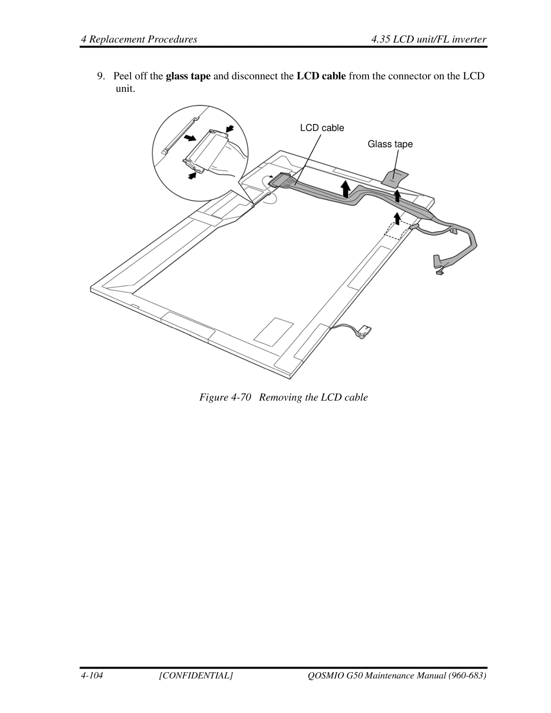 Toshiba G50 manual Replacement Procedures LCD unit/FL inverter, Removing the LCD cable 