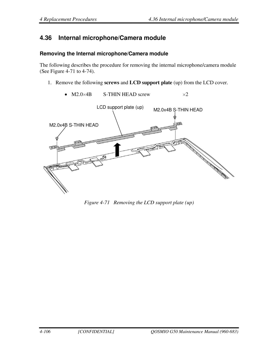 Toshiba G50 Replacement Procedures Internal microphone/Camera module, Removing the Internal microphone/Camera module 