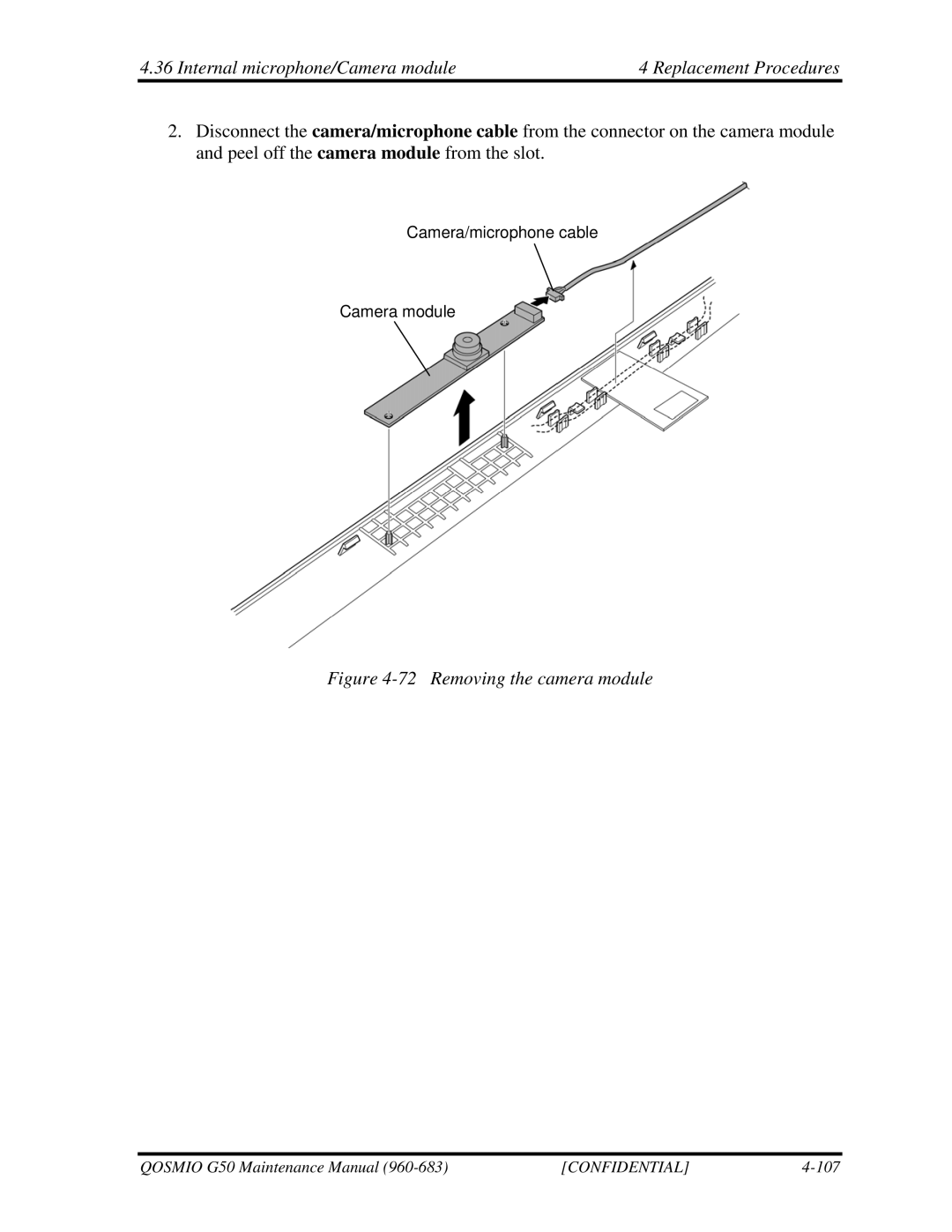Toshiba G50 manual Internal microphone/Camera module Replacement Procedures, Removing the camera module 