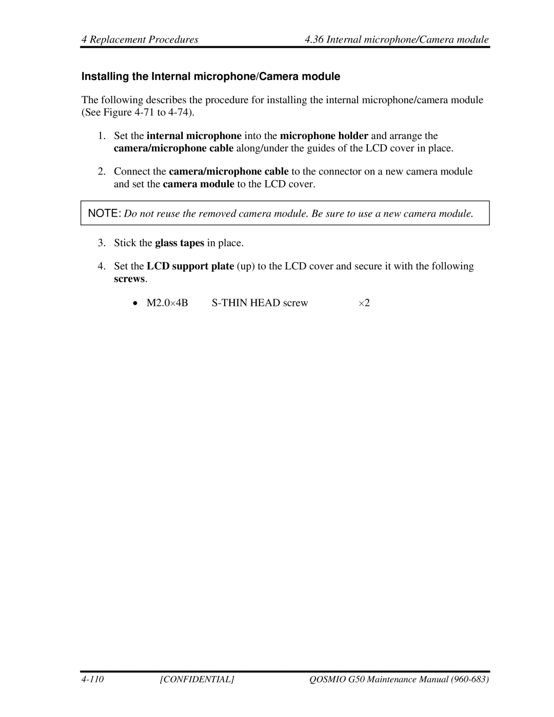Toshiba G50 Replacement Procedures Internal microphone/Camera module, Installing the Internal microphone/Camera module 