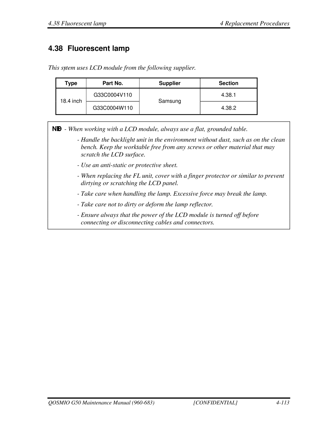 Toshiba G50 manual Fluorescent lamp Replacement Procedures 