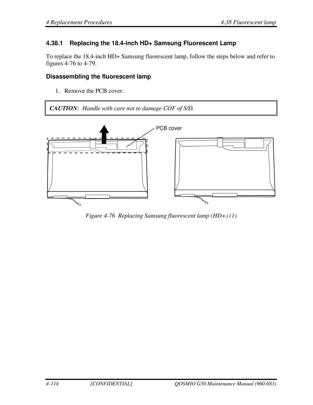 Toshiba G50 manual Replacement Procedures Fluorescent lamp, Replacing the 18.4-inch HD+ Samsung Fluorescent Lamp 