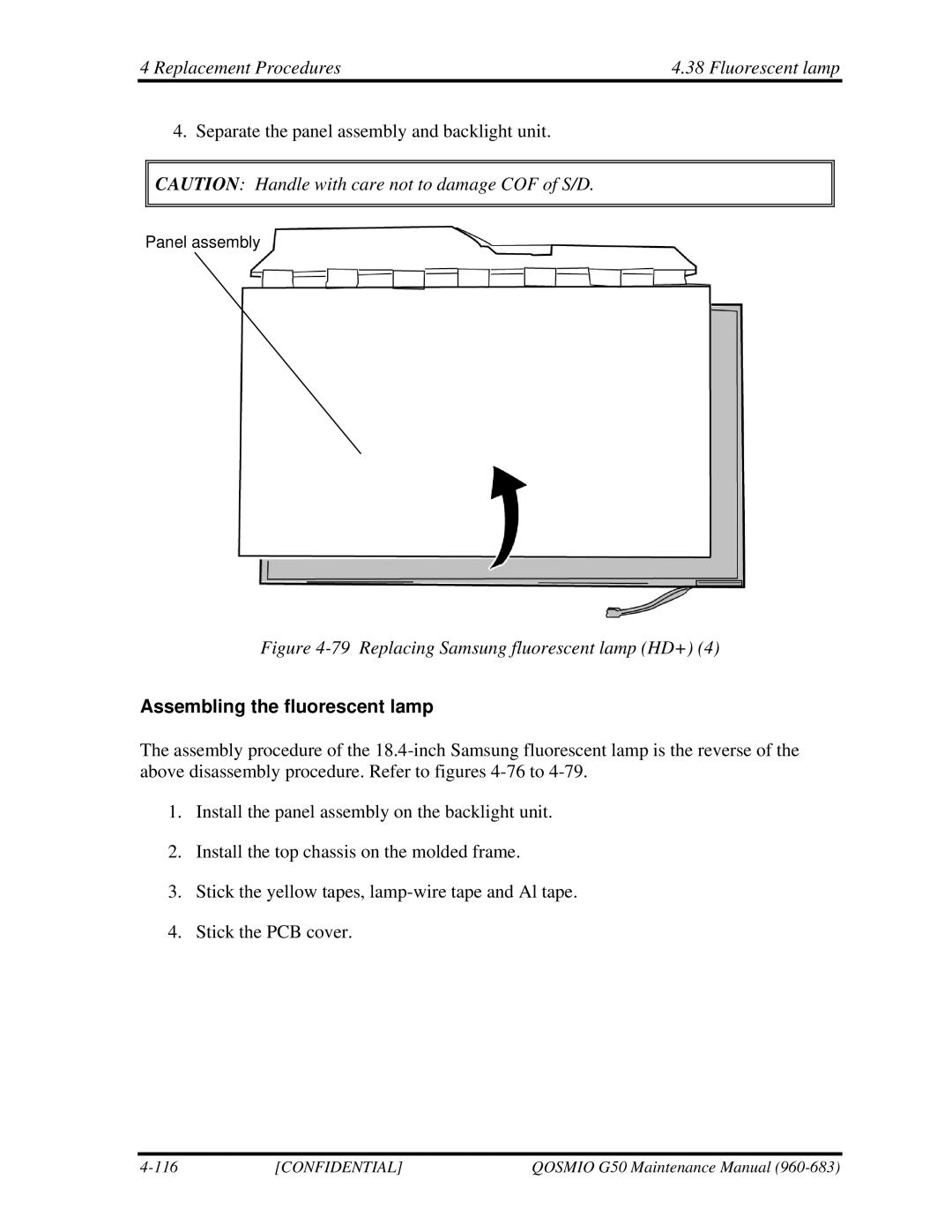 Toshiba G50 manual Replacing Samsung fluorescent lamp HD+, Assembling the fluorescent lamp 