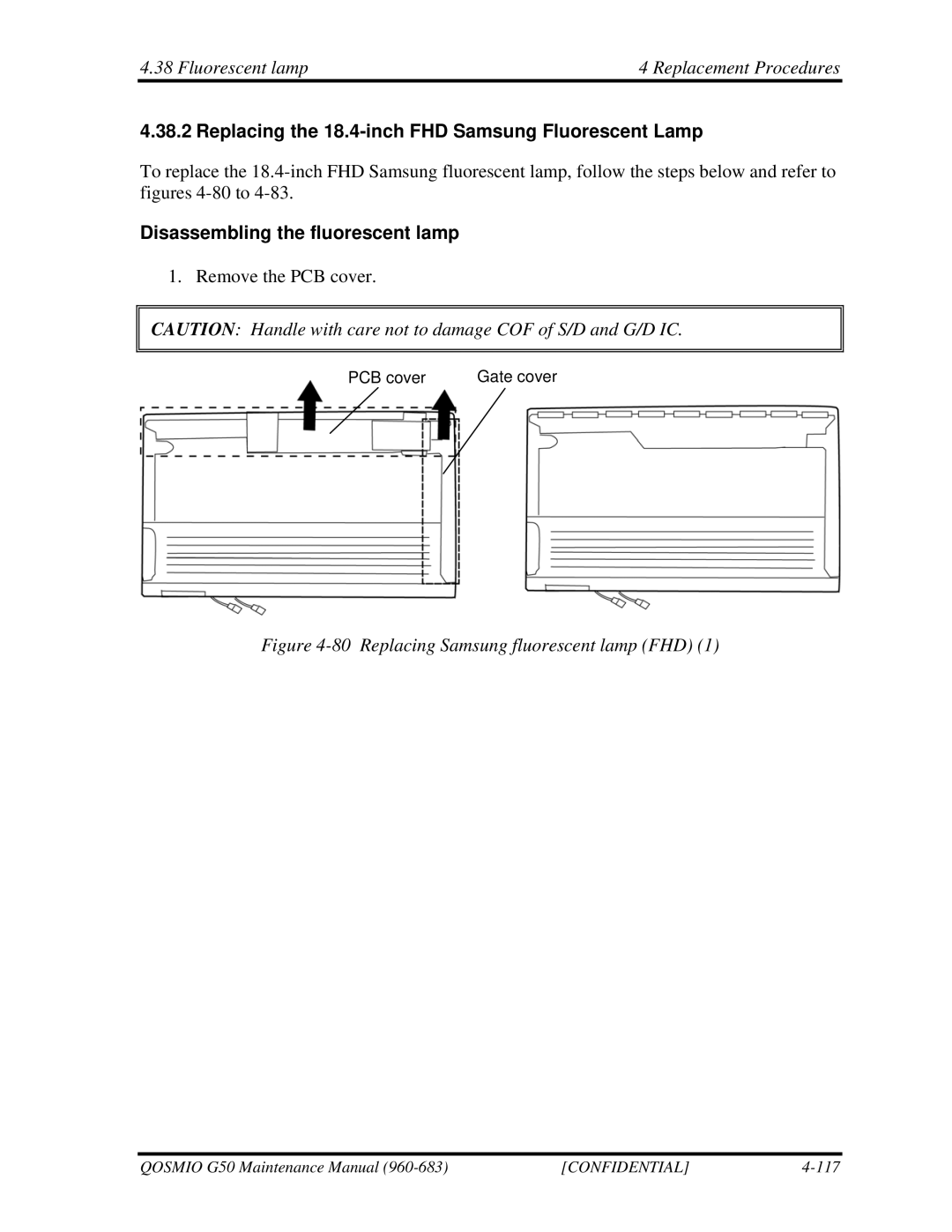 Toshiba G50 manual Replacing the 18.4-inch FHD Samsung Fluorescent Lamp, Replacing Samsung fluorescent lamp FHD 