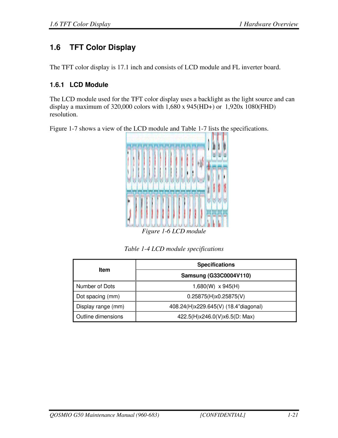 Toshiba G50 manual TFT Color Display Hardware Overview, LCD Module 