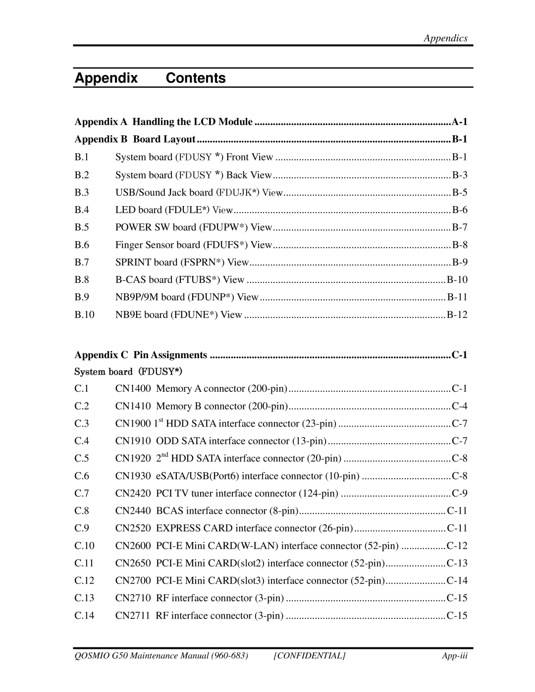 Toshiba G50 manual Appendix Contents 