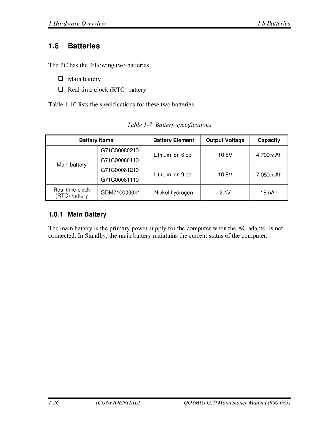 Toshiba G50 manual Hardware Overview Batteries, Battery specifications, Main Battery 