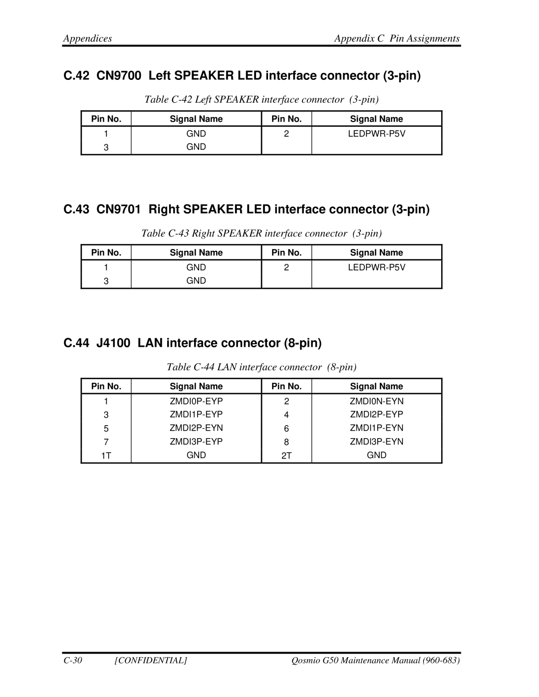 Toshiba G50 42 CN9700 Left Speaker LED interface connector 3-pin, 43 CN9701 Right Speaker LED interface connector 3-pin 