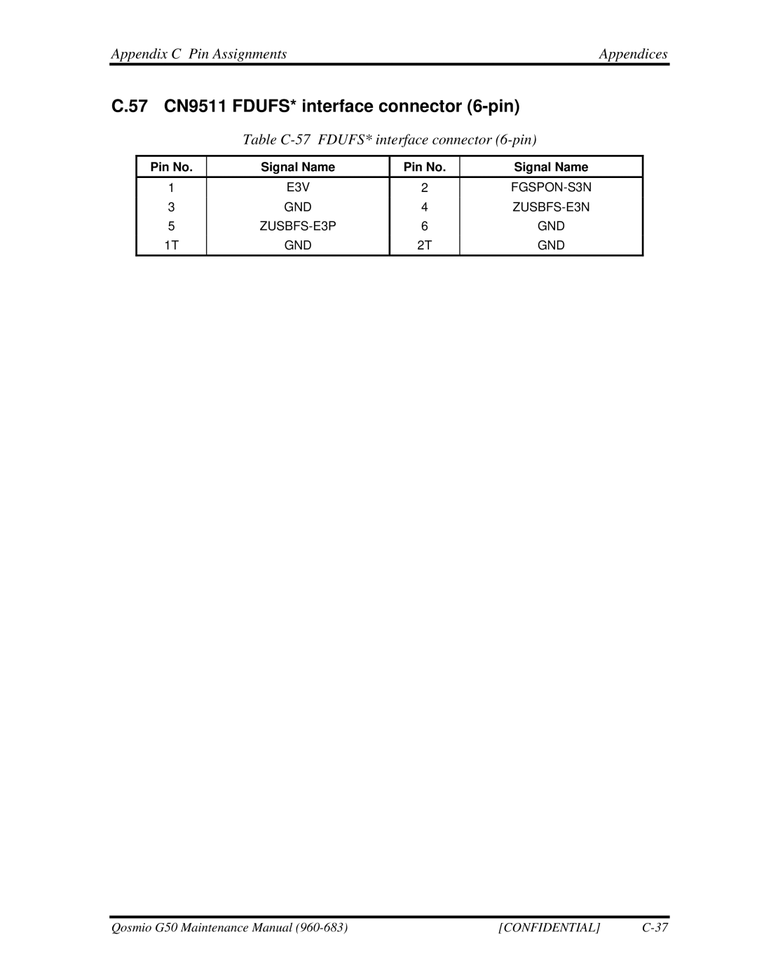 Toshiba G50 manual 57 CN9511 FDUFS* interface connector 6-pin, Table C-57 FDUFS* interface connector 6-pin 