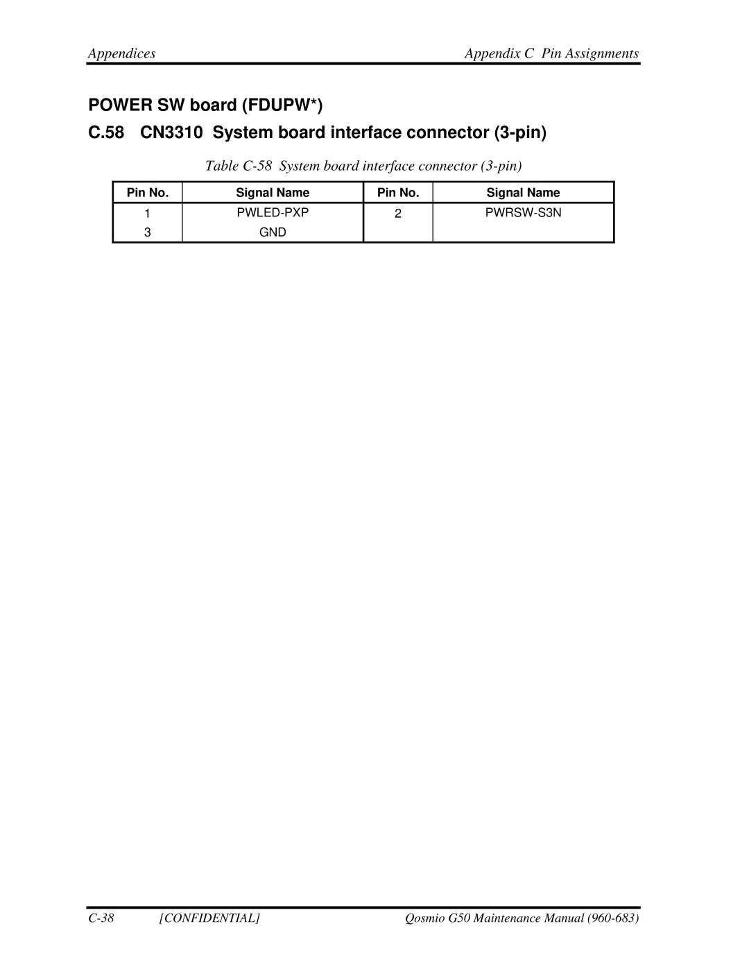 Toshiba G50 manual Table C-58 System board interface connector 3-pin 