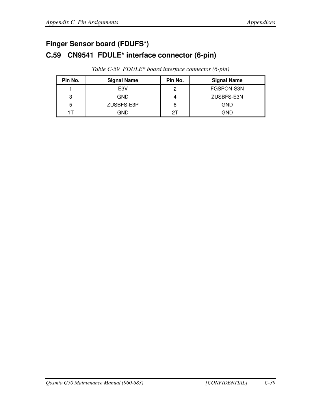 Toshiba G50 manual Table C-59 FDULE* board interface connector 6-pin 