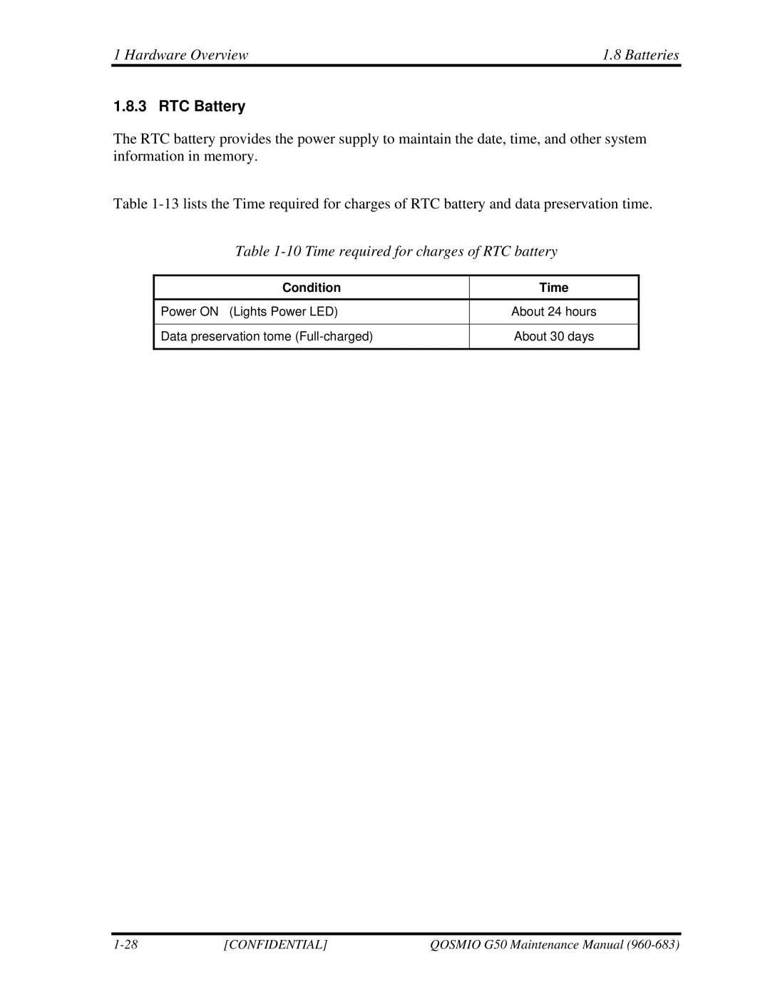 Toshiba G50 manual RTC Battery, Time required for charges of RTC battery 