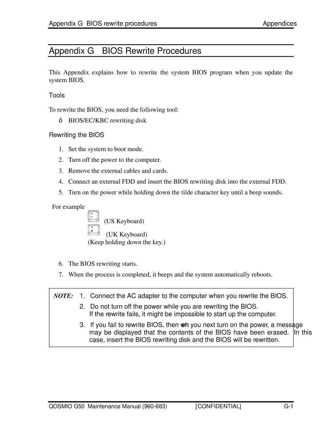 Toshiba G50 manual Appendix G Bios rewrite procedures Appendices, Tools, Rewriting the Bios 