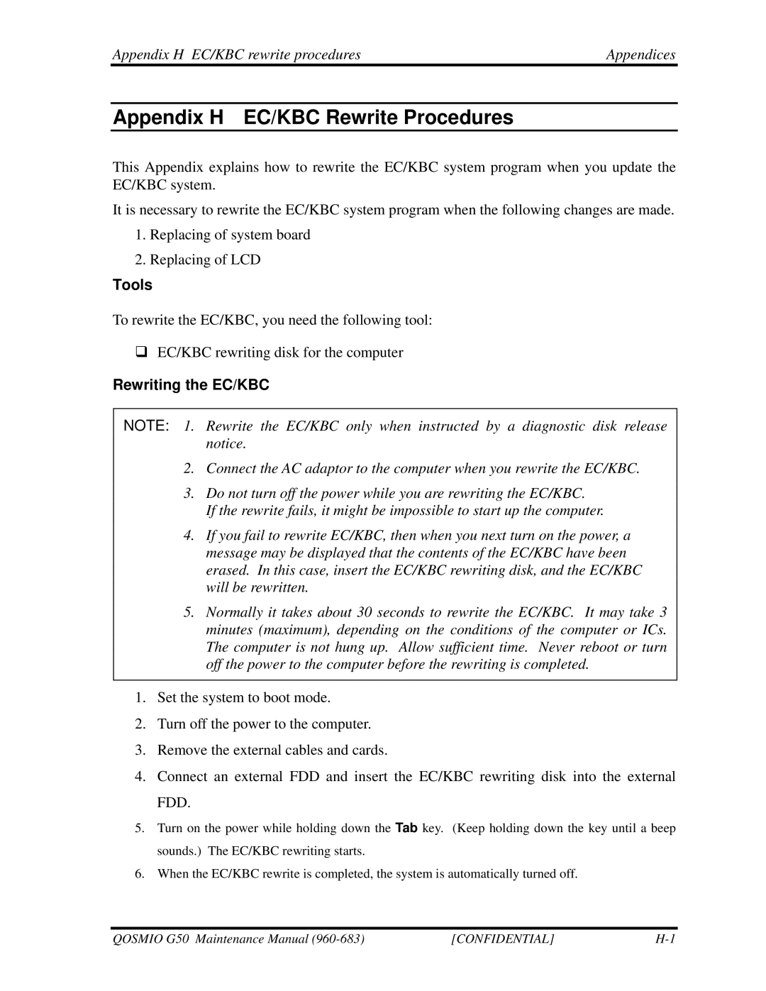 Toshiba G50 manual Appendix H EC/KBC rewrite procedures Appendices, Rewriting the EC/KBC 