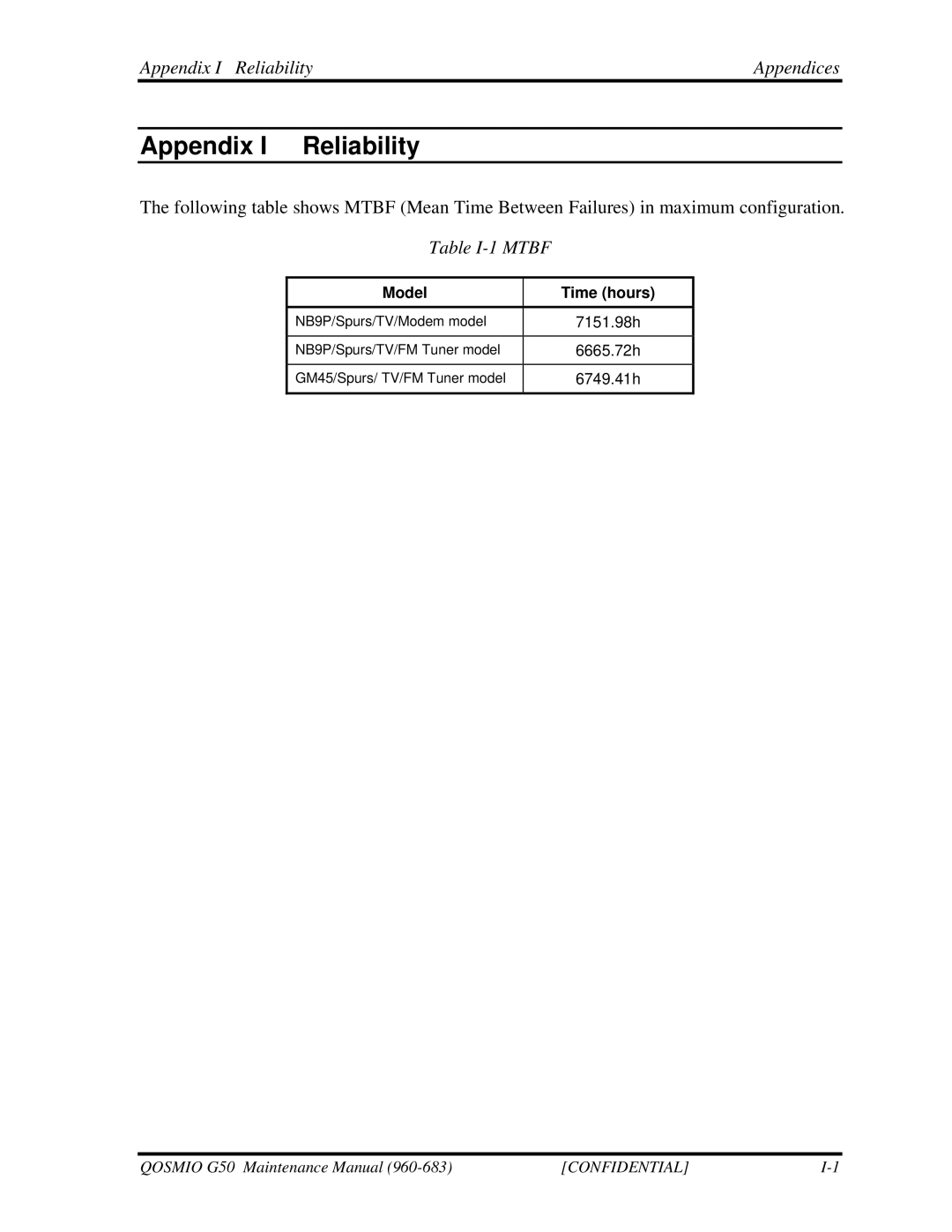 Toshiba G50 manual Appendix I ReliabilityAppendices, Table I-1 Mtbf 