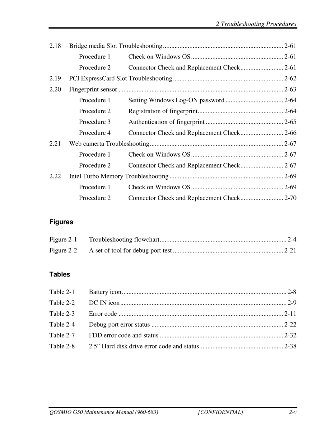 Toshiba G50 manual Troubleshooting flowchart Set of tool for debug port test 