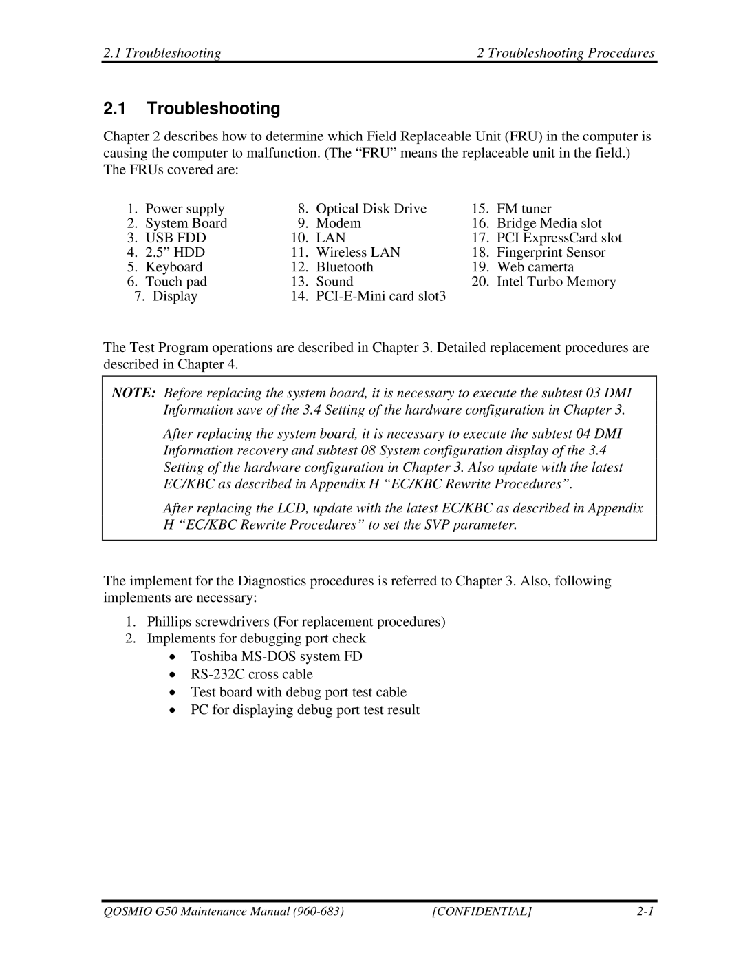 Toshiba G50 manual Troubleshooting Troubleshooting Procedures 