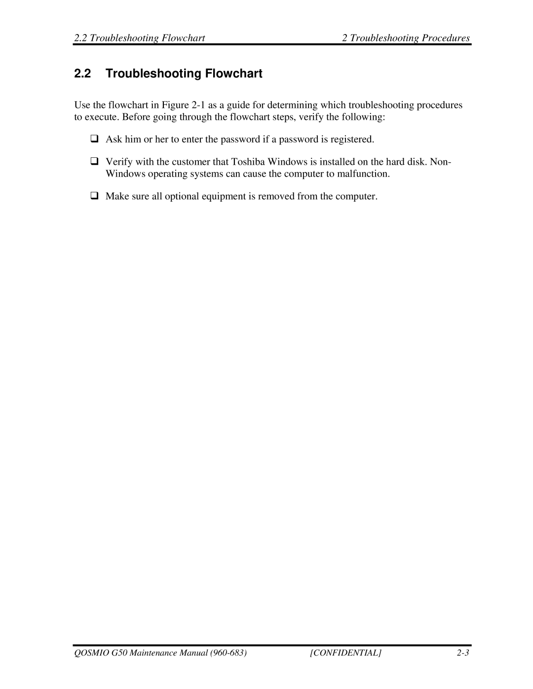 Toshiba G50 manual Troubleshooting Flowchart Troubleshooting Procedures 