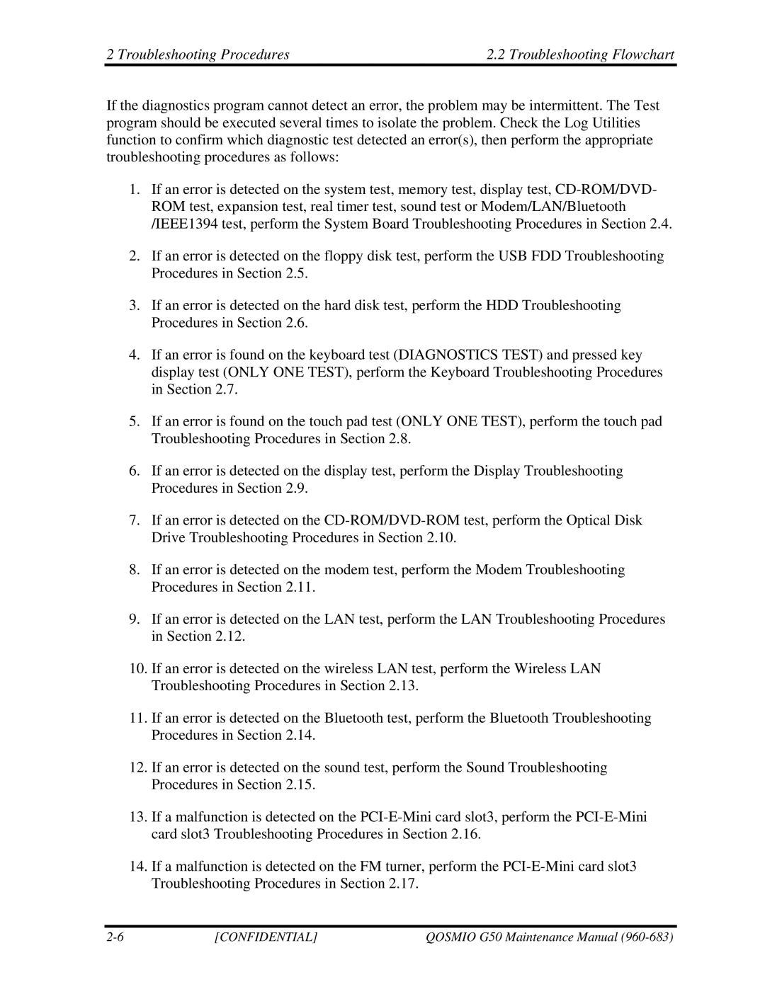 Toshiba G50 manual Troubleshooting Procedures Troubleshooting Flowchart 