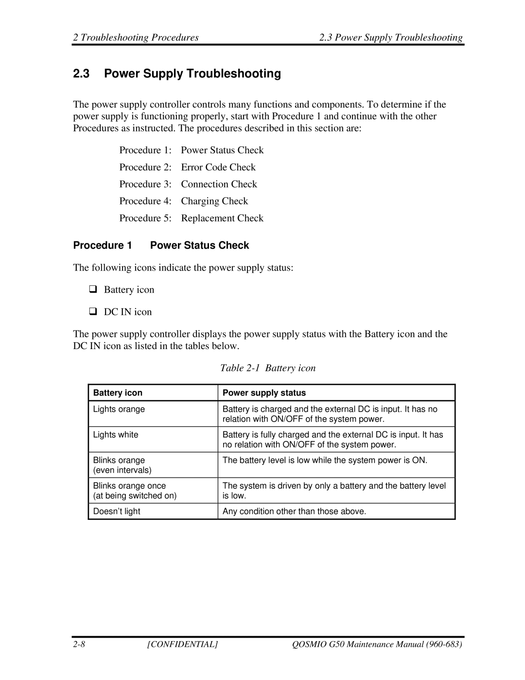 Toshiba G50 Troubleshooting Procedures Power Supply Troubleshooting, Procedure 1 Power Status Check, Battery icon 