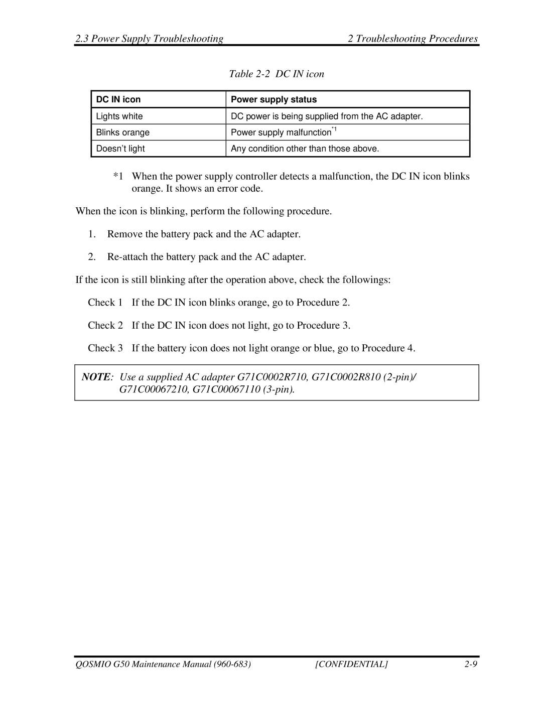 Toshiba G50 manual DC in icon Power supply status 